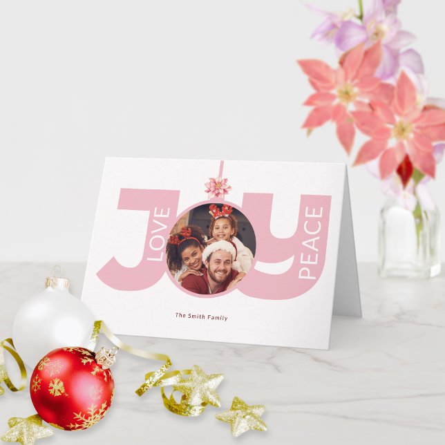 Love Peace Joy Pink Poinsettia Christmas Photo Card (Creator Uploaded)