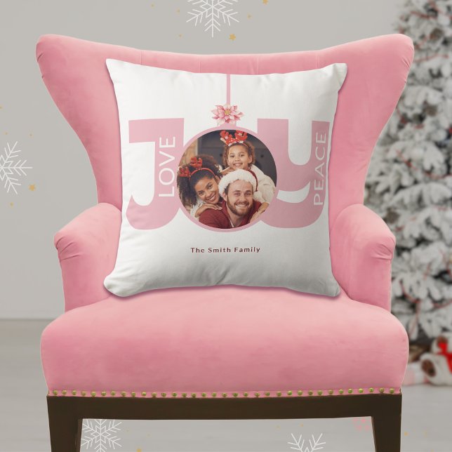 Love Peace Joy Pink Poinsettia Christmas Photo Throw Pillow (Creator Uploaded)