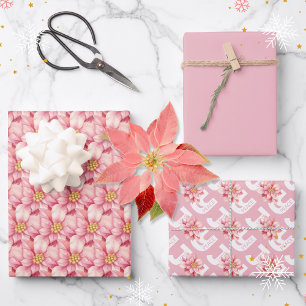 Love Peace Joy Pink Poinsettia Christmas Wrapping Paper Sheets