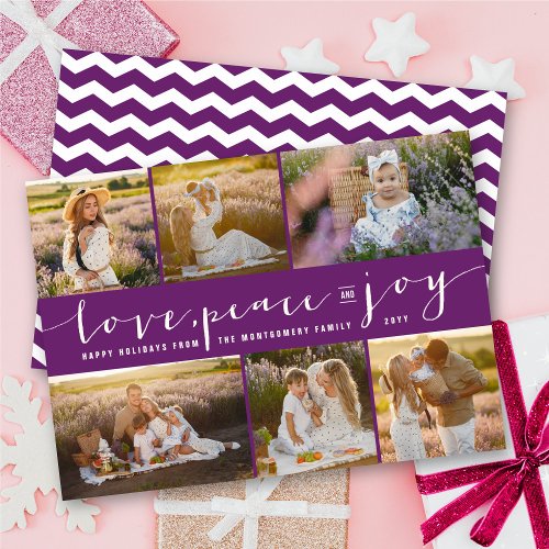 Love Peace Joy Purple Band Modern 6 Photo Collage Holiday Card
