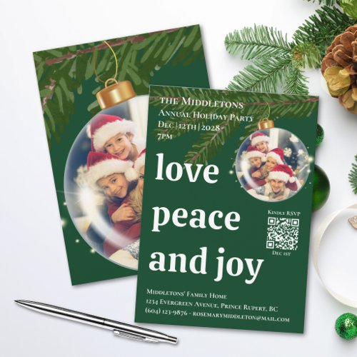 Love Peace Joy QR Photo Green Christmas Party Invitation