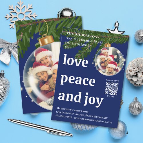 Love Peace Joy QR Photo Navy Blue Christmas Party Invitation