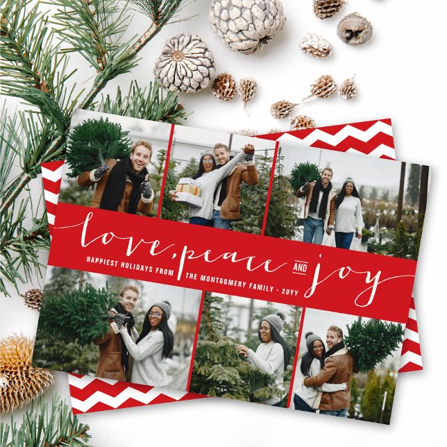 Love Peace Joy Red Band Modern 6 Photo Collage Holiday Card (Creator Uploaded)