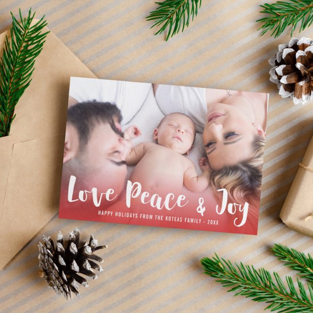 Love Peace & Joy Red Happy Holidays Photo Holiday Card (Creator Uploaded)