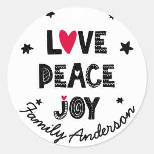 LOVE PEACE JOY Scandinavian Doodle Classic Round Sticker