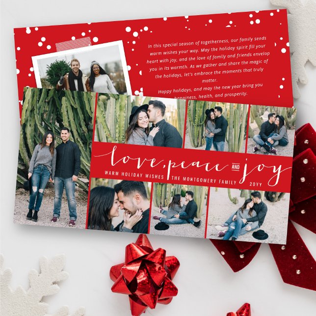 Love Peace Joy Simple Trendy Script Modern 7 Photo Holiday Card (Creator Uploaded)