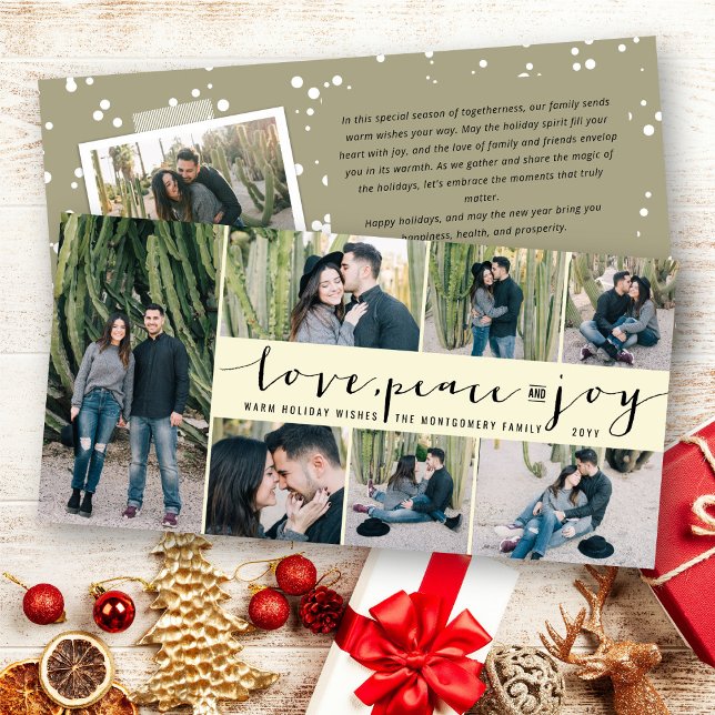 Love Peace Joy Simple Trendy Script Modern 7 Photo Holiday Card (Creator Uploaded)