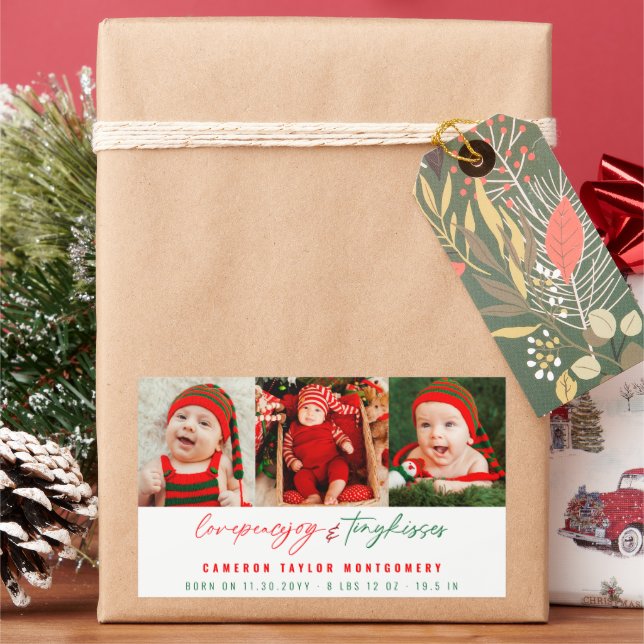 Love Peace Joy Tiny Kisses Baby's 1st Christmas Rectangular Sticker (Holiday)