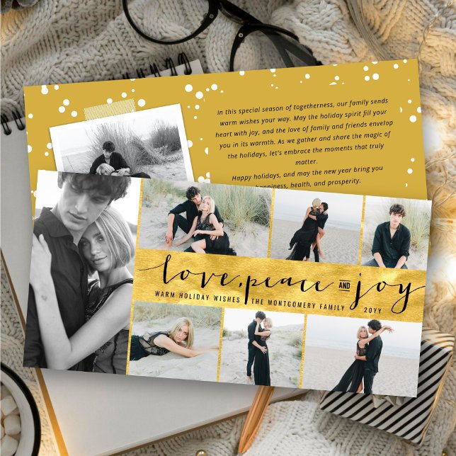 Love Peace Joy Trendy Script Stylish Gold 7 Photo Holiday Card (Creator Uploaded)