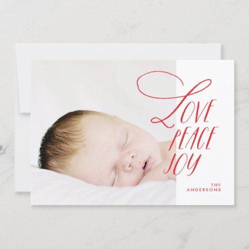 Love Peace Joy White and Red Holiday Photo Card