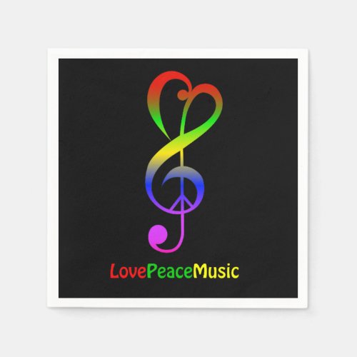 Love peace music hippie treble clef black paper napkins