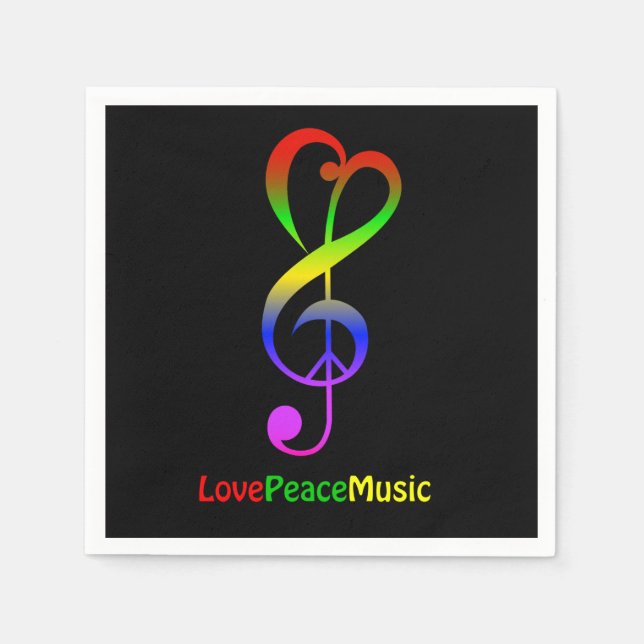 Love peace music hippie treble clef black paper napkins (Front)