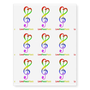Love peace music hippie treble clef temporary tattoos