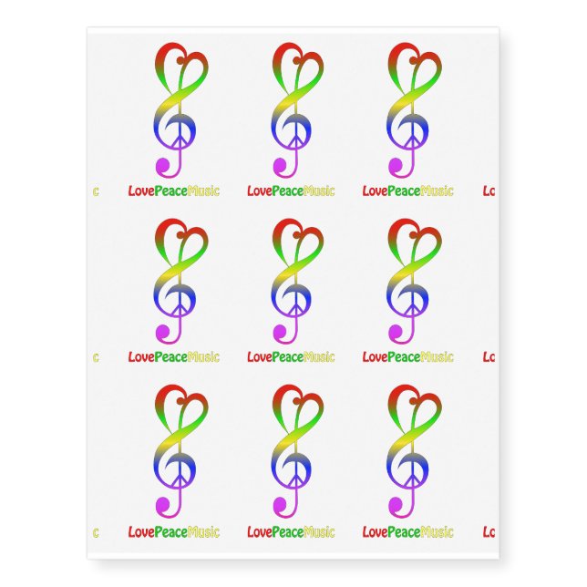 Love peace music hippie treble clef temporary tattoos (Front)