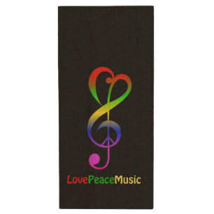 Love peace music hippie treble clef wood flash drive