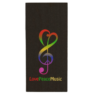Love peace music hippie treble clef wood flash drive
