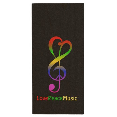 Love peace music hippie treble clef wood flash drive