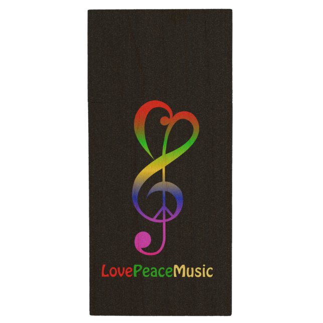 Love peace music hippie treble clef wood flash drive (Front Vertical)