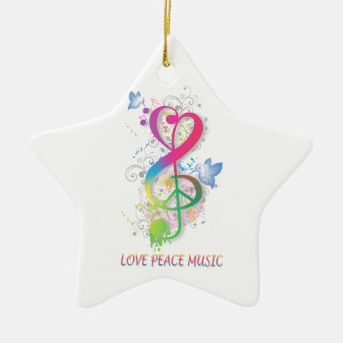 Love Peace Music Splatter swirls flowers birds Ceramic Ornament