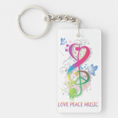Love Peace Music Splatter swirls flowers birds Keychain