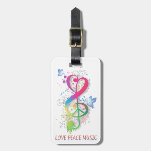 Love Peace Music Splatter swirls flowers birds Luggage Tag