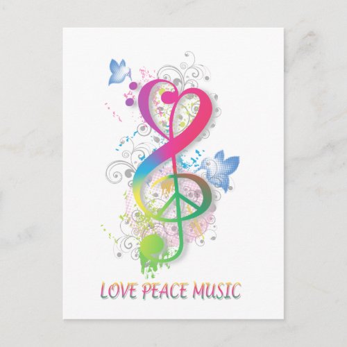 Love Peace Music Splatter swirls flowers birds Postcard