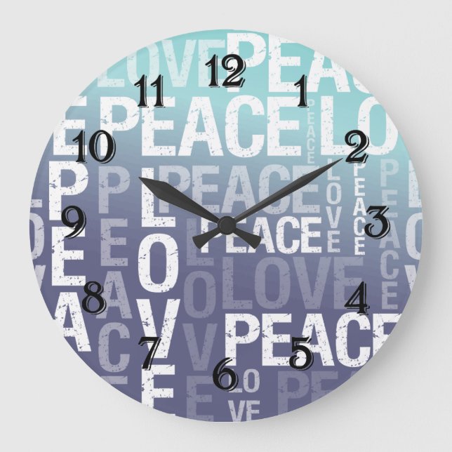 Love Peace Purple Aqua Ombre Large Clock (Front)