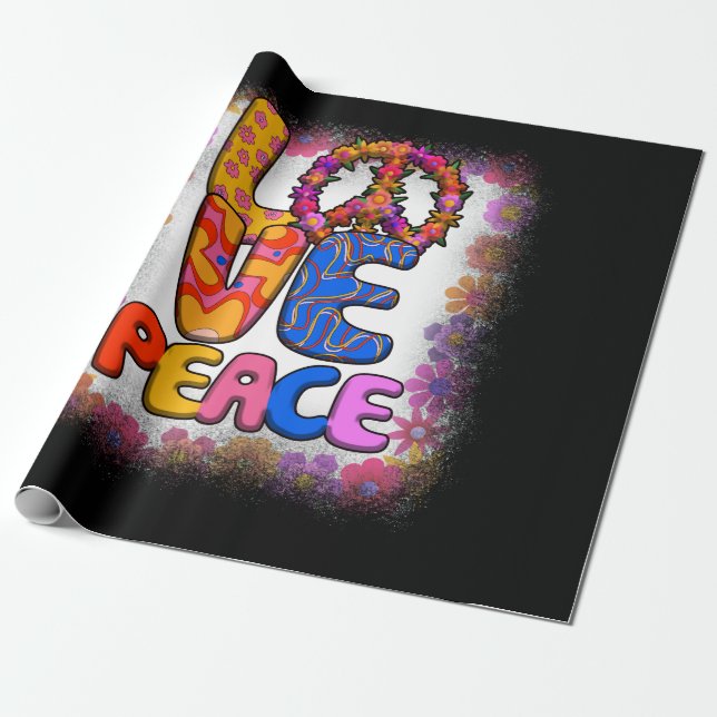 Love Peace Retro 60s & 70s Floral Hippie Peace Wrapping Paper (Unrolled)