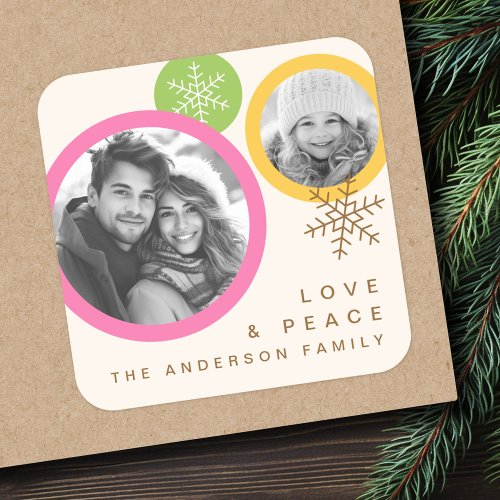 Love peace snowflakes colorful photo holiday square sticker