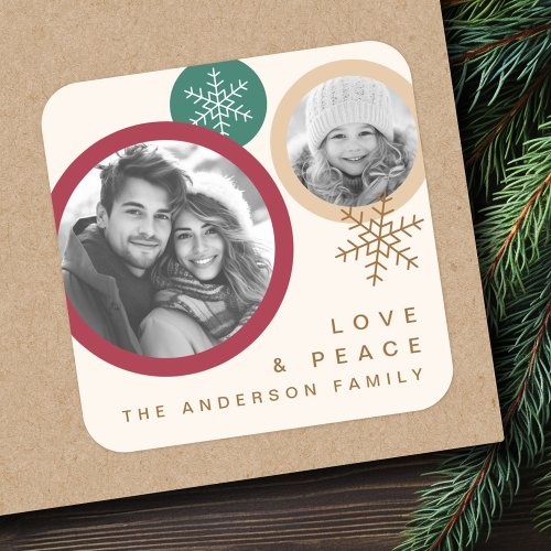 Love peace snowflakes red green photo holiday square sticker