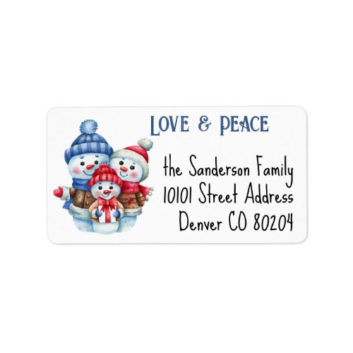 Love  Peace Snowman Family Return Name Address Label