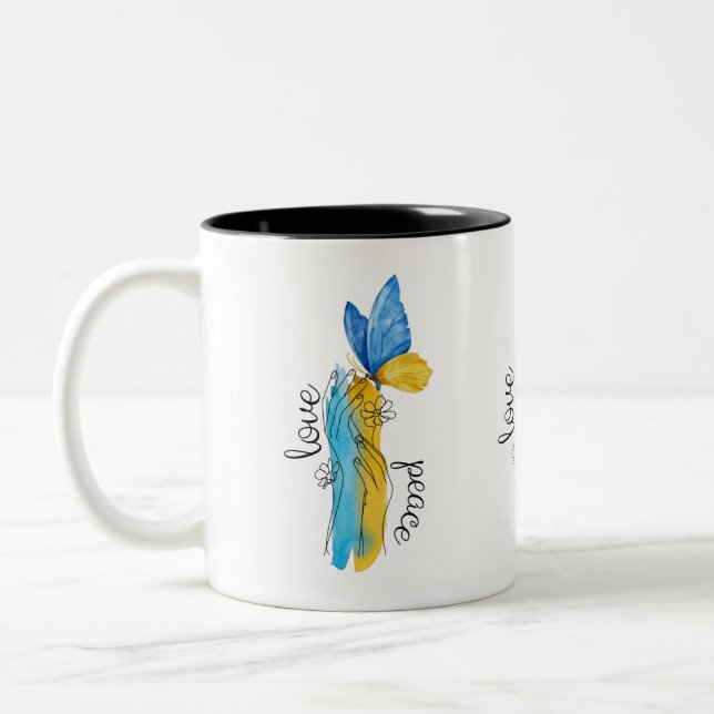 Love, Peace Ukraine Two-Tone Coffee Mug (Left)