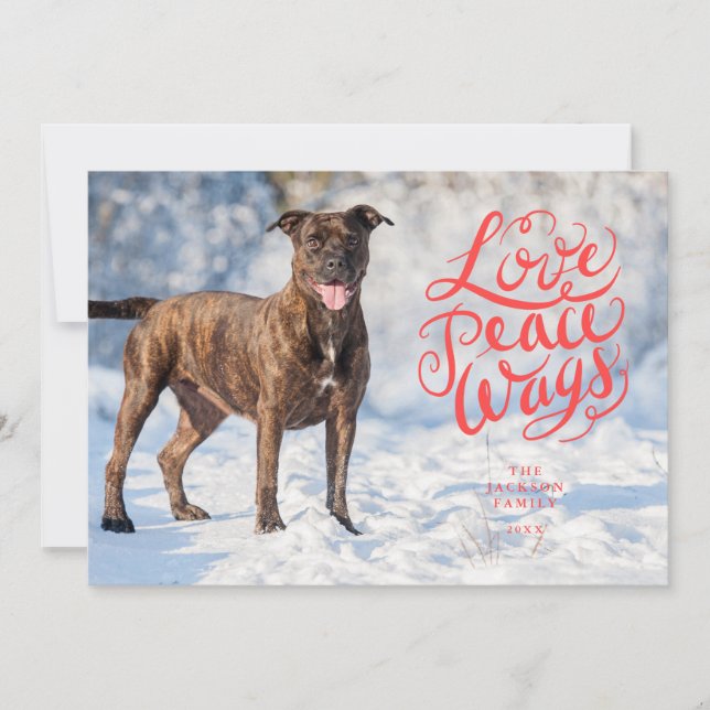 Love Peace Wags Red Script Dog Photo Holiday Card (Front)
