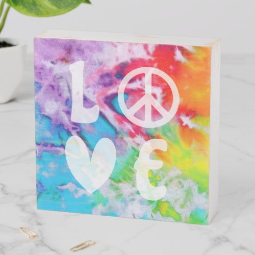 Love Peace Word Art Watercolor Rainbow Fun Tie Dye Wooden Box Sign