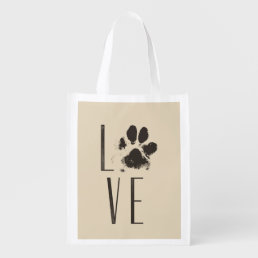 Love Pet Paw Print Brown Grunge Typography Grocery Bag