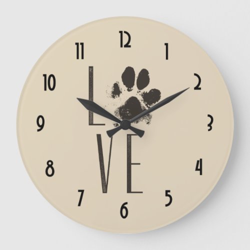 Love Pet Paw Print Brown Grunge Typography Large Clock