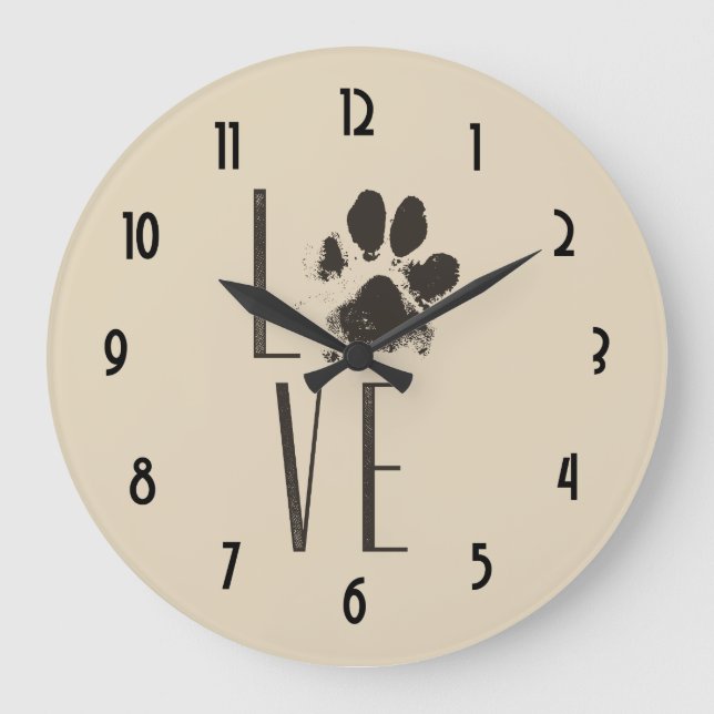 Love Pet Paw Print Brown Grunge Typography Large Clock (Front)
