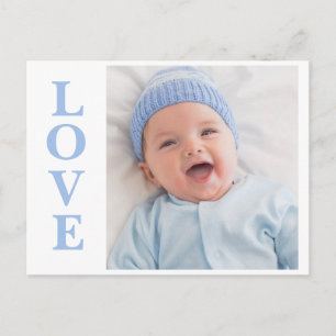 Love Photo Blue Typography Birth Announcement Postcard