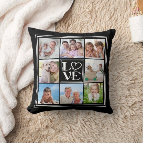 LOVE Photo Collage Editable Black Throw Pillow