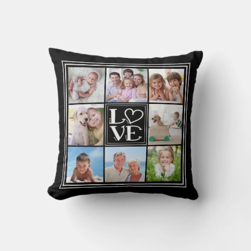 LOVE Photo Collage Editable Black Throw Pillow - Display 8 of your favorite photos around the typography word LOVE design in the center and a changeable black background color on the front and back. 
PHOTO TIP:  For fastest/best results, choose a photo with the subject in the middle and/or pre-crop it to a square shape BEFORE uploading it. Makes a meaningful gift for a wedding, anniversary, a new baby, grandparents, family, pet lovers, Valentine's Day, Mother's Day, couples or to showcase photos of all the people, places and things you love. PHOTO TIP:  For fastest/best results, choose a photo with the subject in the middle and/or pre-crop it to a similar shape as shown BEFORE uploading. Contact the designer via Zazzle Chat or makeitaboutyoustore@gmail.com if you'd like this design modified, on another product or would like coordinating items.