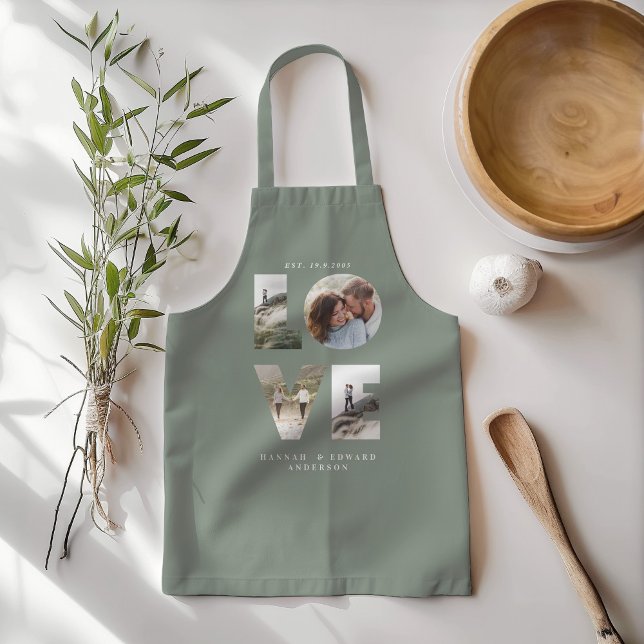 Love photo collage modern personalized sage green apron (Creator Uploaded)