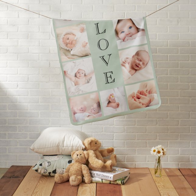 Love Photo Collage Sage Green Baby Blanket (In Situ)