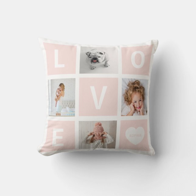 Love Photo Grid and Heart | Blush Pink Throw Pillow (Front)