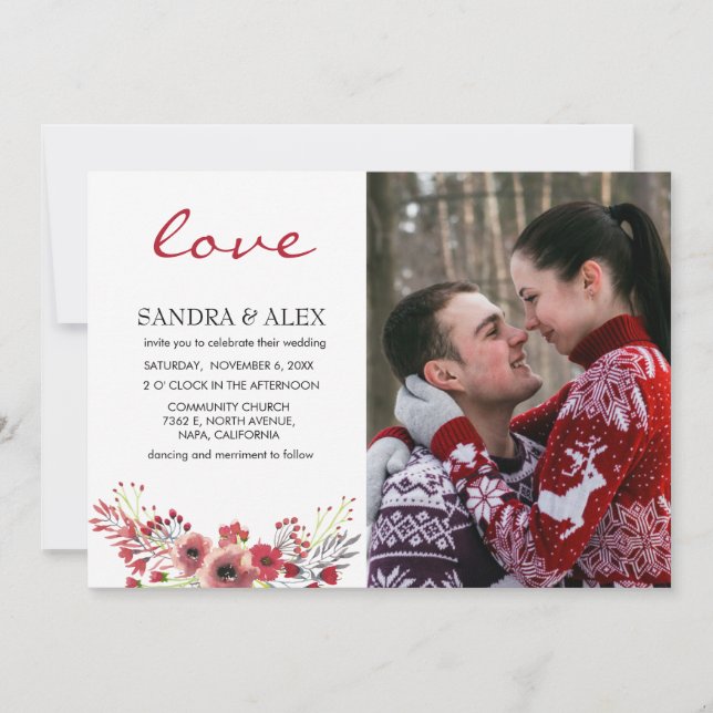 Love Photo Marsala Floral Wedding Invitation Card (Front)