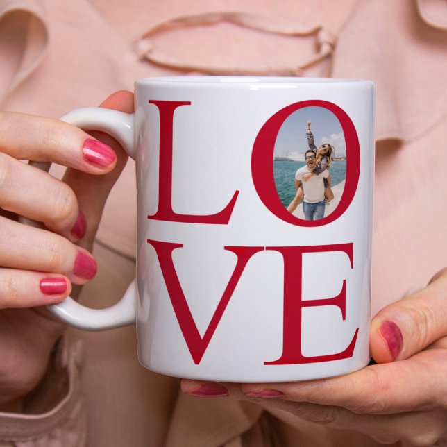 Love Photo Red Coffee Mug (LOVE typography mug with a photo in the O. Perfect for as a 
Valentine's Day or Christmas gift.)