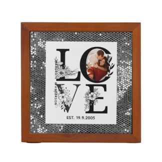 Love photo simple modern personalised gift silver desk organizer