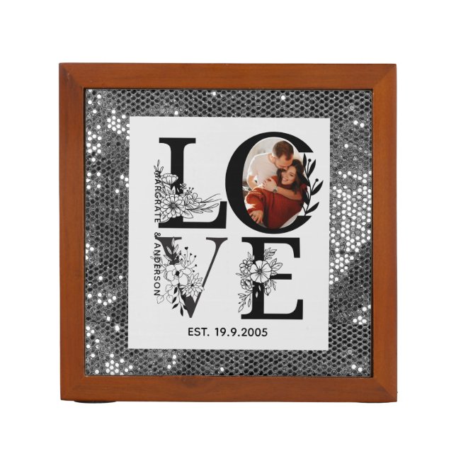 Love photo simple modern personalised gift silver desk organizer (Front)