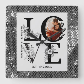 Love photo simple modern personalised gift silver square wall clock