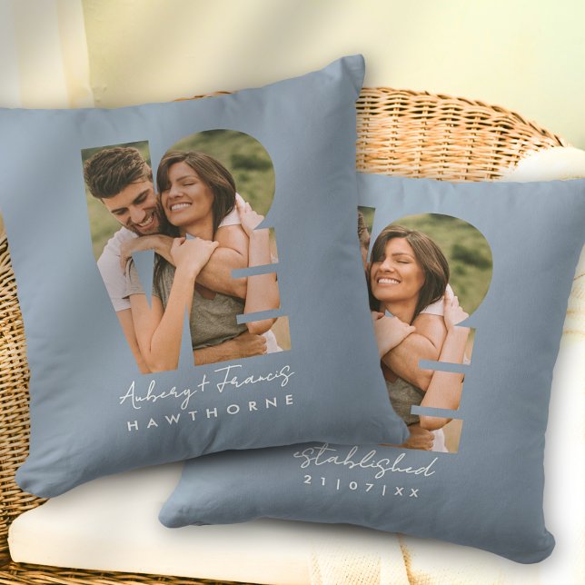 Love Photo Simple Modern Personalized Dusty Blue Throw Pillow (Creator Uploaded)