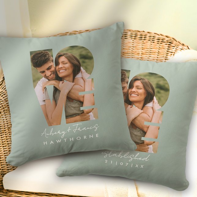 Love Photo Simple Modern Personalized Gift Green Throw Pillow (Creator Uploaded)